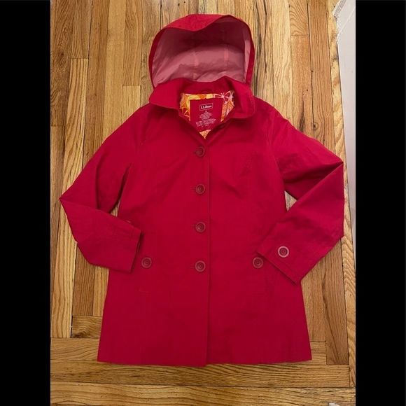 L.L Bean Red Trench Coat with Hood Fully Lined in Citrus 🍊 Pattern Size S - Picture 3 of 14
